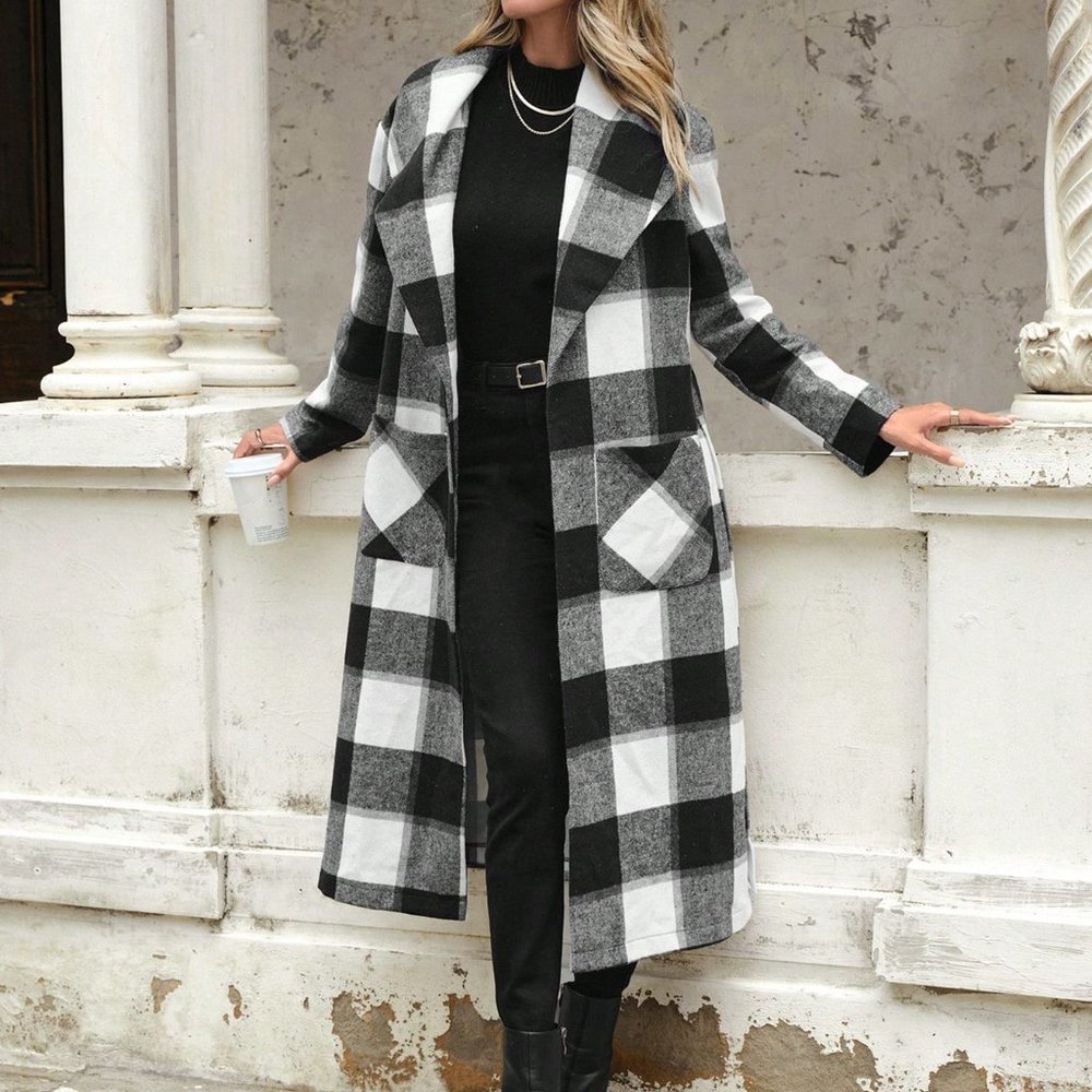 Black and White Preppy Womens Buffalo Plaid Print Dual Pocket Overcoat - Picture 4 of 6